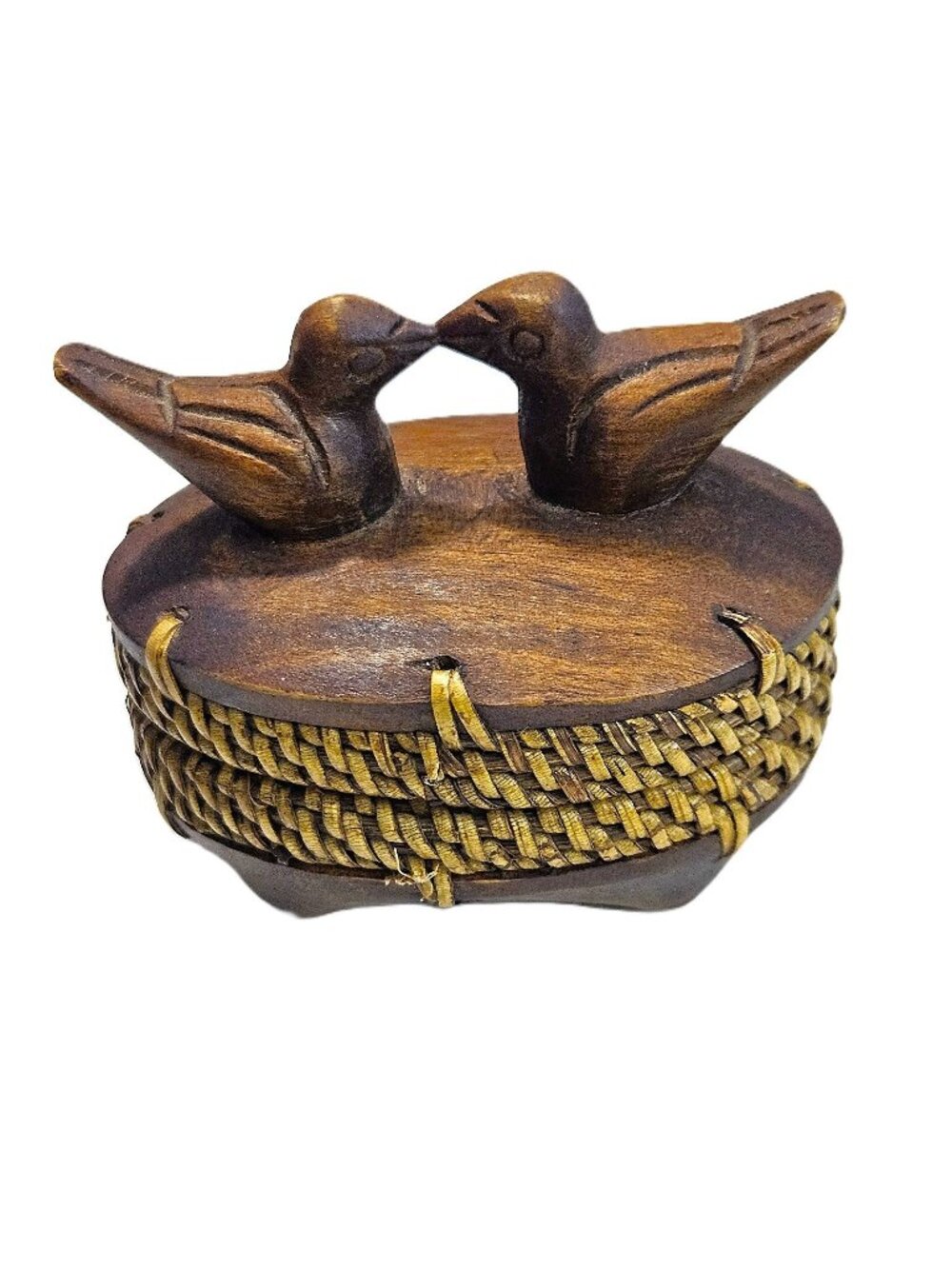 Vintage Wooden Trinket Box Hand Carved Birds Rattan Sides Circa 1960s